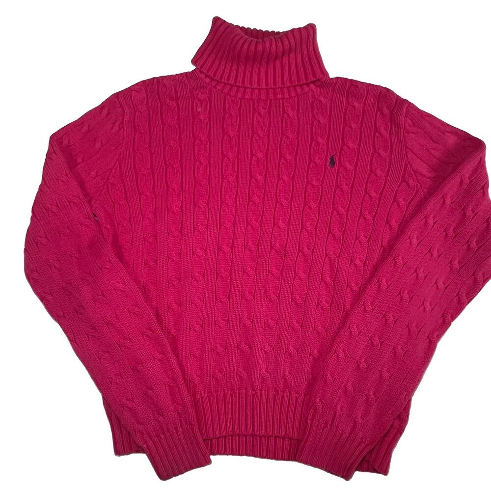 Ralph Lauren Sport Size L Pink Cable Knit Turtleneck Sweater 100% Cotton Preppy